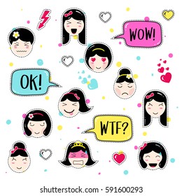 Set of cute patch badges.  Girl emoji with different emotions and hairstyles. Kawaii emoticons, speech bubbles: ok, wow, wtf. Set of stickers, pins in anime style. Isolated vector illustration.
