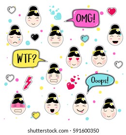Set of cute patch badges.  Girl emoji with different emotions and hairstyles. Kawaii emoticons, speech bubbles:  omg, wtf, ooops. Set of stickers, pins in anime style. Isolated vector illustration.