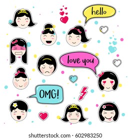 Set of cute patch badges. Girl emoji with different emotions and hairstyles. Kawaii emoticons, speech bubbles: hello, love you, omg. Set of stickers, pins in anime style. Isolated vector illustration.