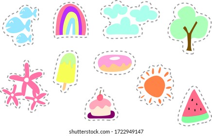 Set of cute patch isolated on white background. The set includes fishes, rainbow, clouds, a tree, flowers, an ice cream, a doughnut,a cupcake, the sun, watermelon. 