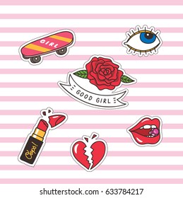 Set of cute patch on pink stripe background