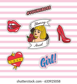 Set of cute patch on pink stripe background