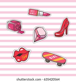 Set of cute patch on pink stripe background