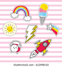 Set of cute patch or sticker with rainbow, star, ice cream, thunder bolt etc