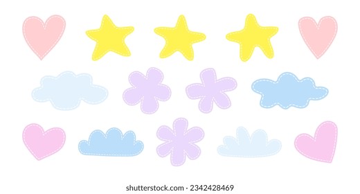 Establezca parches bonitos de diferentes formas con línea de puntos. Plantillas Pastel, lugar para texto, foto. Elementos vectoriales decorativos aislados sobre fondo blanco. Parches punteados - estrella, nube, corazón y flor.