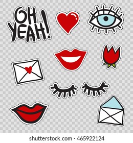 Set of cute patches elements: lowered lashes, oh yeah phrase, blue eye, red tulip flower, envelope, love mail, heart, smile lips. Vector stikers kit. Modern doodle pop art sketch badges and pins.