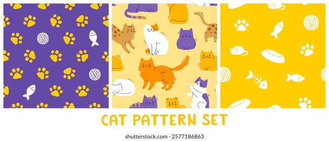 Set of cute pattern for cat goods. Seamless vector prints collection with cats and grooming accessories.