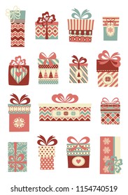 Set of cute pattern christmas presents. Vector background.