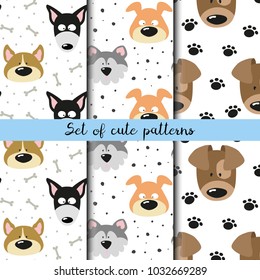 Set of cute patterns with cartoon dogs. Vector illustration.