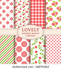 Set of cute patterns. Collection of seamless backgrounds in white, green and pink colors. Vector illustration.