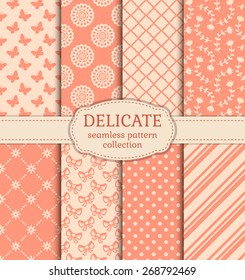 Set of cute patterns. Collection of seamless backgrounds in delicate colors. Vector illustration.