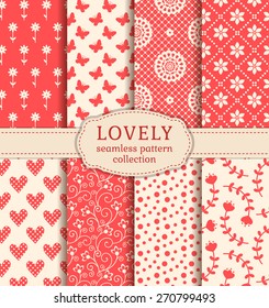 Set of cute patterns. Collection of seamless backgrounds in white and pink colors. Vector illustration.