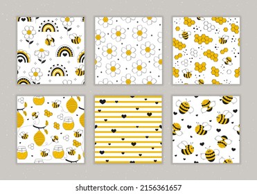 Set of cute patterns. Little bee, rainbow, honey and flower on white background. Beautiful seamless pattern with honey bees. Lovely vector illustration. Perfect for kids fabric, textile, wrapping.