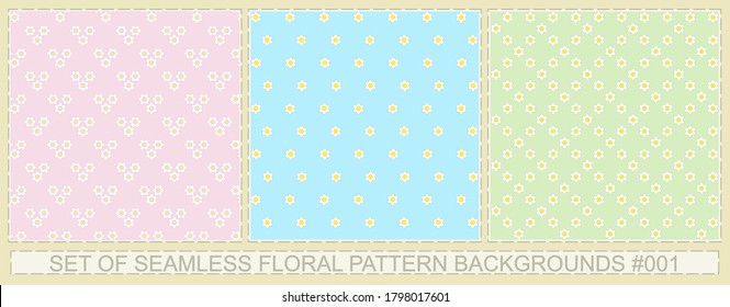 A set of cute patterns on a pale green,  pink and blue  backgrounds with dasies for backgrounds, textiles, wrapping paper, scrapbooking, copybook covers, etc.