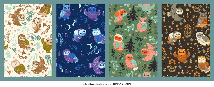 Set of cute patterns with owls. Vector graphics