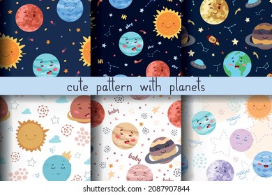 
Set of cute patterns with planets. Children's patterns for fabrics, textiles, interior elements. Collection of cartoon patterns.