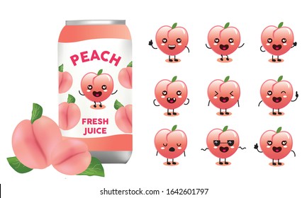Set of cute peach fruit designs and realistic peach fruit with aluminium cans packaging mockup vector