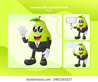 Set of cute pear characters in advertising. Perfect for kids, merchandise and sticker, banner promotion
