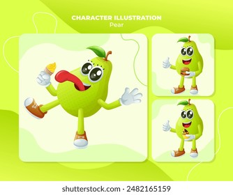 Set of cute pear characters enjoying food. Perfect for kids, merchandise and sticker, banner promotion
