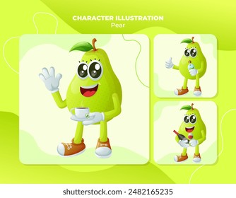 Conjunto de lindos personajes de pera disfrutando de bebidas. Perfecto para niños, Mercancía y pegatina, promoción de Anuncio
