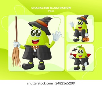 Set of cute pear characters on Halloween. Perfect for kids, merchandise and sticker, banner promotion
