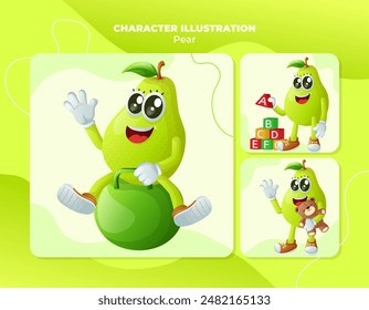 Set of cute pear characters playing with kid toys. Perfect for kids, merchandise and sticker, banner promotion
