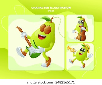 Set of cute pear characters playing musical instruments. Perfect for kids, merchandise and sticker
