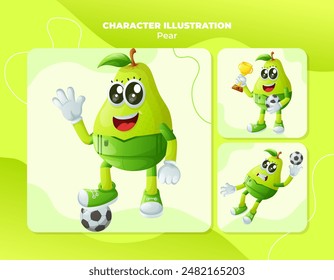 Set of cute pear characters playing soccer. Perfect for kids, merchandise and sticker, banner promotion
