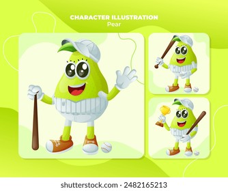 Set of cute pear characters playing baseball. Perfect for kids, merchandise and sticker, banner promotion
