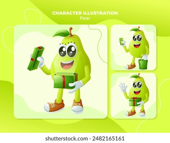 Set of cute pear characters receiving gifts. Perfect for kids, merchandise and sticker, banner promotion
