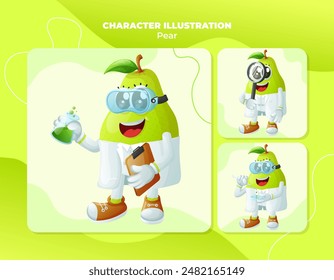 Set of cute pear characters as scientists. Perfect for kids, merchandise and sticker, banner promotion
