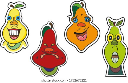 Set of cute pear fruit icons. Merry food characters vector.