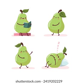 Set of cute pears that read, walk, dance and sleep