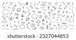 Set of cute pen line doodle element vector. Hand drawn doodle style collection of heart, arrows, scribble, flower, star, butterfly, bee, words. Design for print, cartoon, card, decoration, sticker.