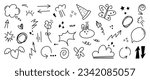 Set of cute pen line doodle element vector. Hand drawn doodle style collection of speech bubble, arrow, firework, star, heart. Design for decoration, sticker, idol poster, social media.