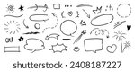 Set of cute pen line doodle element vector. Hand drawn doodle style collection of heart, arrows, scribble, speech bubble, chat, firework, flower. Design for print, cartoon, card, decoration, sticker.