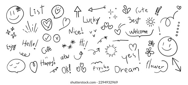 Set of cute pen line doodle element vector. Hand drawn doodle style collection of heart, arrows, scribble, speech bubble, emotion, words. Design for print, cartoon, card, decoration, sticker.