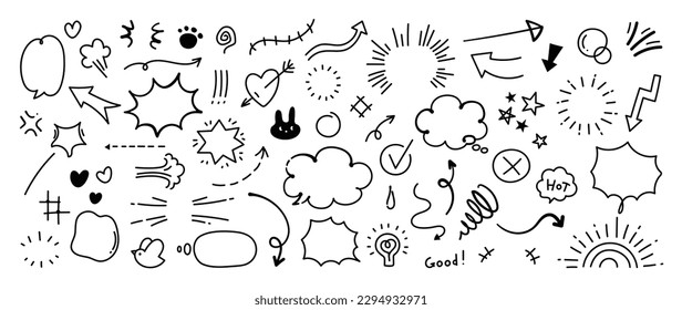 Set of cute pen line doodle element vector. Hand drawn doodle style collection of heart, arrows, scribble, speech bubble, star, bird, words. Design for print, cartoon, card, decoration, sticker.