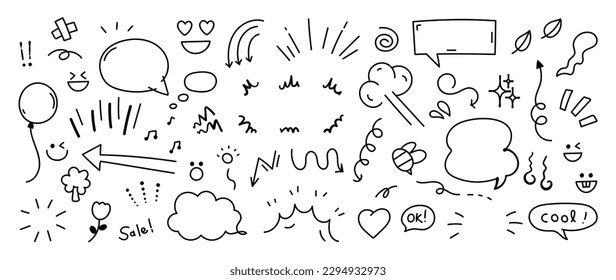 Set of cute pen line doodle element vector. Hand drawn doodle style collection of heart, arrows, scribble, speech bubble, star, balloon, words. Design for print, cartoon, card, decoration, sticker.