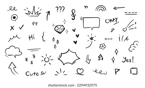 Set of cute pen line doodle element vector. Hand drawn doodle style collection of heart, arrows, scribble, speech bubble, flower, stars, words. Design for print, cartoon, card, decoration, sticker.