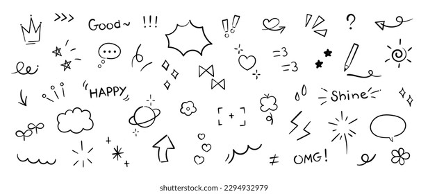 Set of cute pen line doodle element vector. Hand drawn doodle style collection of heart, arrows, scribble, speech bubble, flower, stars, words. Design for print, cartoon, card, decoration, sticker.