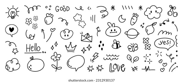 Set of cute pen line doodle element vector. Hand drawn doodle style collection of heart, arrows, scribble, speech bubble, star, butterfly, words. Design for print, cartoon, card, decoration, sticker.