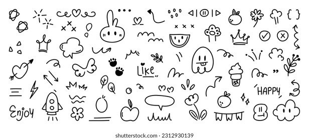 Set of cute pen line doodle element vector. Hand drawn doodle style collection of heart, arrows, scribble, flower, rocket, star, butterfly, words. Design for print, cartoon, card, decoration, sticker.