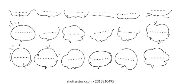 Set of cute pen line doodle element vector. Hand drawn doodle style collection of speech bubble, speaks, talk, chat, talking, thinking. Design for print, cartoon, card, decoration, sticker.