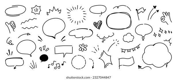 Set of cute pen line doodle element vector. Hand drawn doodle style collection of heart, arrows, scribble, speech bubble, star, flower. Design for print, cartoon, card, decoration, sticker.