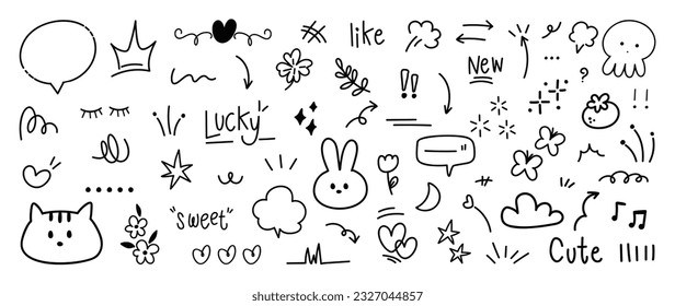 Set of cute pen line doodle element vector. Hand drawn doodle style collection of heart, arrows, scribble, flower, rabbit, star, butterfly, words. Design for print, cartoon, card, decoration, sticker.