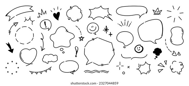 Set of cute pen line doodle element vector. Hand drawn doodle style collection of heart, arrows, scribble, speech bubble, star. Design for print, cartoon, card, decoration, sticker.