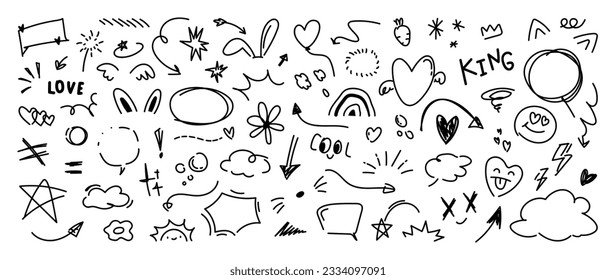 Set of cute pen line doodle element vector. Hand drawn doodle style collection of heart, speech bubble, word, cloud, arrow, carrot, balloon. Design for decoration, sticker, idol poster, social media