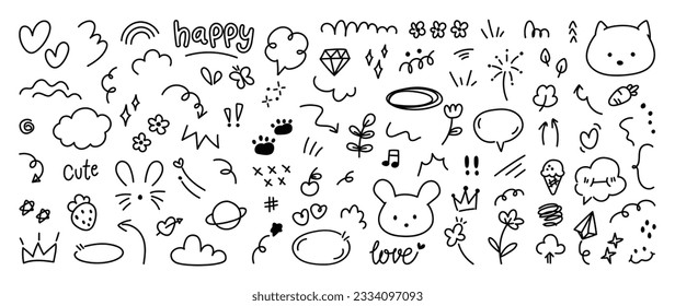 Set of cute pen line doodle element vector. Hand drawn doodle style collection of heart, speech bubble, word, cloud, strawberry, ice cream. Design for decoration, sticker, idol poster, social media