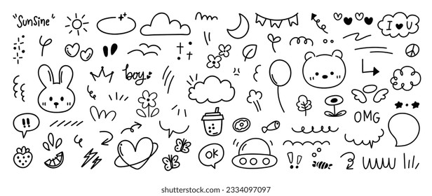 Set of cute pen line doodle element vector. Hand drawn doodle style collection of heart, speech bubble, word, cloud, strawberry, balloon. Design for decoration, sticker, idol poster, social media